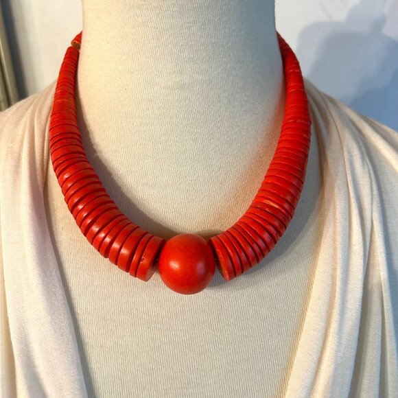 Orange Wood Disc Beaded Statement Necklace w Large Center Bead MCM - Picture 1 of 8